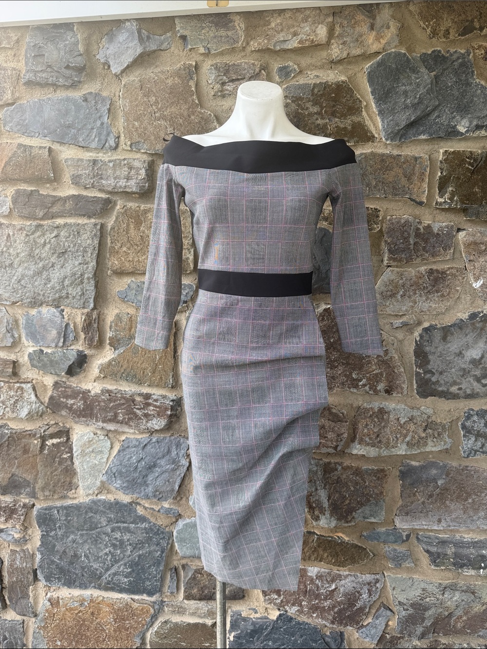 Chiara Boni La Petite Robe Plaid Off Shoulder Midi Dress IT 44 US 8